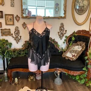 Vintage V-Neck Shiny Satin Lingerie Bodysuit lingerie plus Size 1X Black